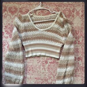 Willow & Wind Cropped Knit Sweater - Cream & Beige Stripes